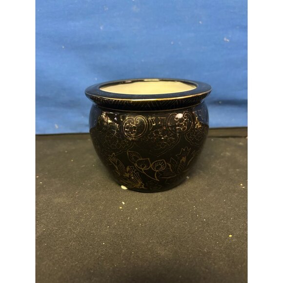 Vintage Black & Gold Floral Ceramic Pot Vase - Picture 1 of 2